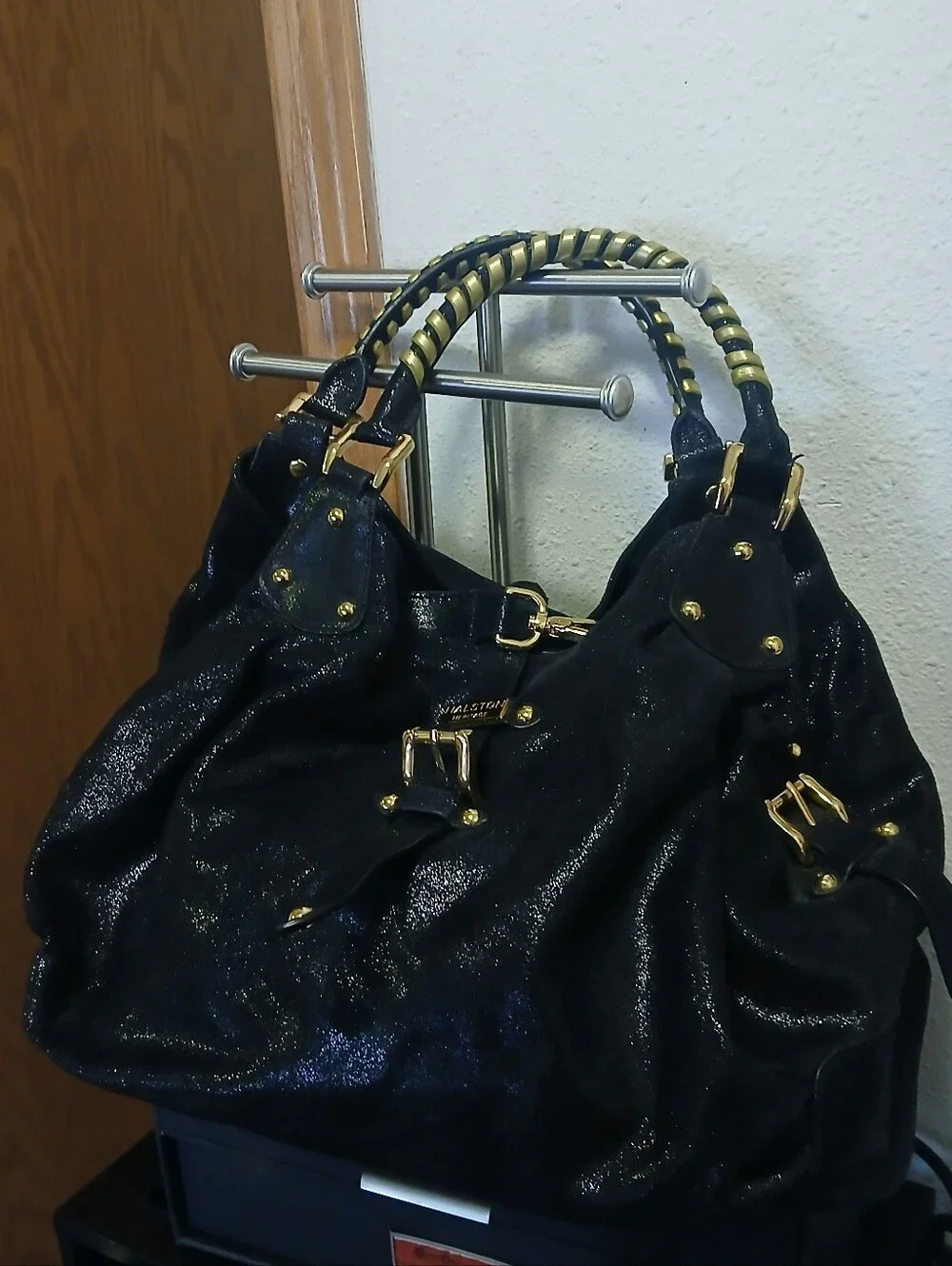 Halston Heritage Black Shimmer Leather Slouchy Hobo Bag - Gold Hardware